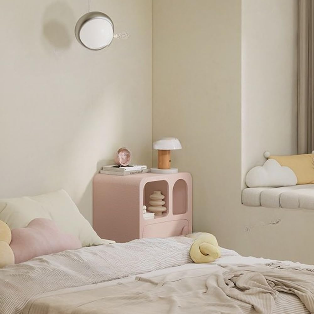 Wood Bedside Table with Drawer, Modern Night Stands with Open Storage, Creative Floor-Standing End Table, Multifunctional Accent Table for Living Room(Pink)
