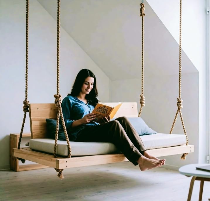 Handcrafted Hanging Swing Bed Solid Spruce Wood with Rope