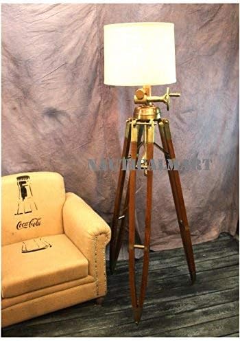 Royal Marine Lamp Huge Tripod Floor Lamp Antique Brass with Wooden Base (Shade Not