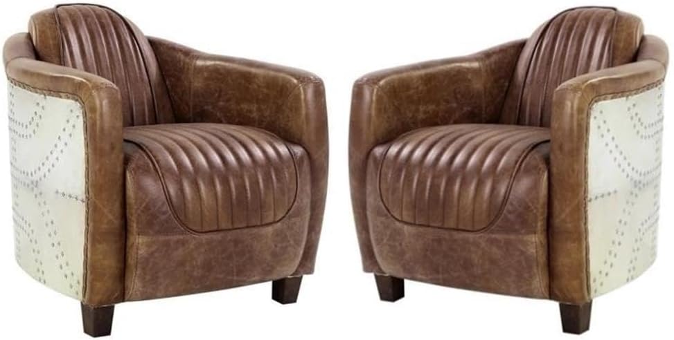 Pemberly Row 2 Piece Top Grain Leather and Aluminum Chair Set in Retro Brown