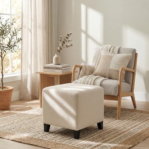 16.3-Inch Cream Linen Cube Ottoman