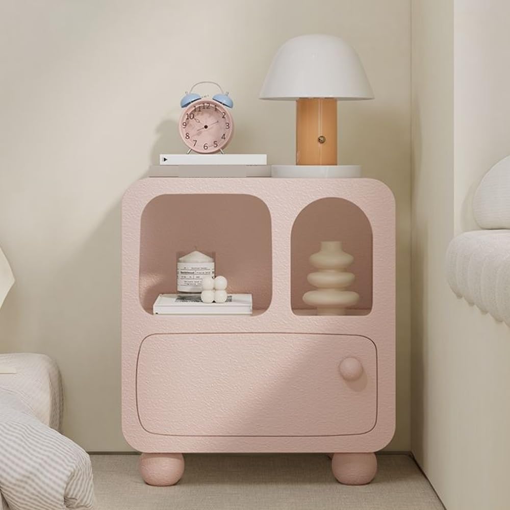 Wood Bedside Table with Drawer, Modern Night Stands with Open Storage, Creative Floor-Standing End Table, Multifunctional Accent Table for Living Room(Pink)