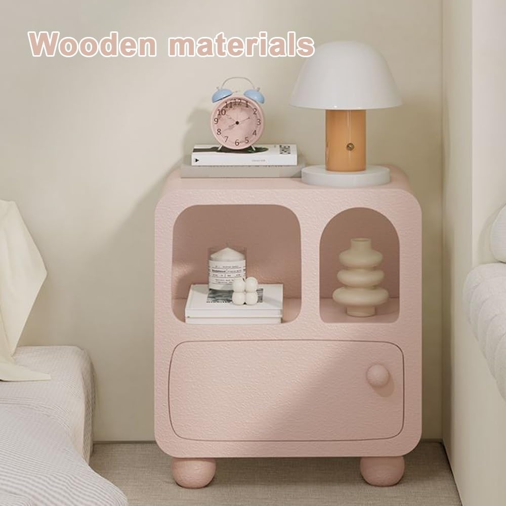 Wood Bedside Table with Drawer, Modern Night Stands with Open Storage, Creative Floor-Standing End Table, Multifunctional Accent Table for Living Room(Pink)