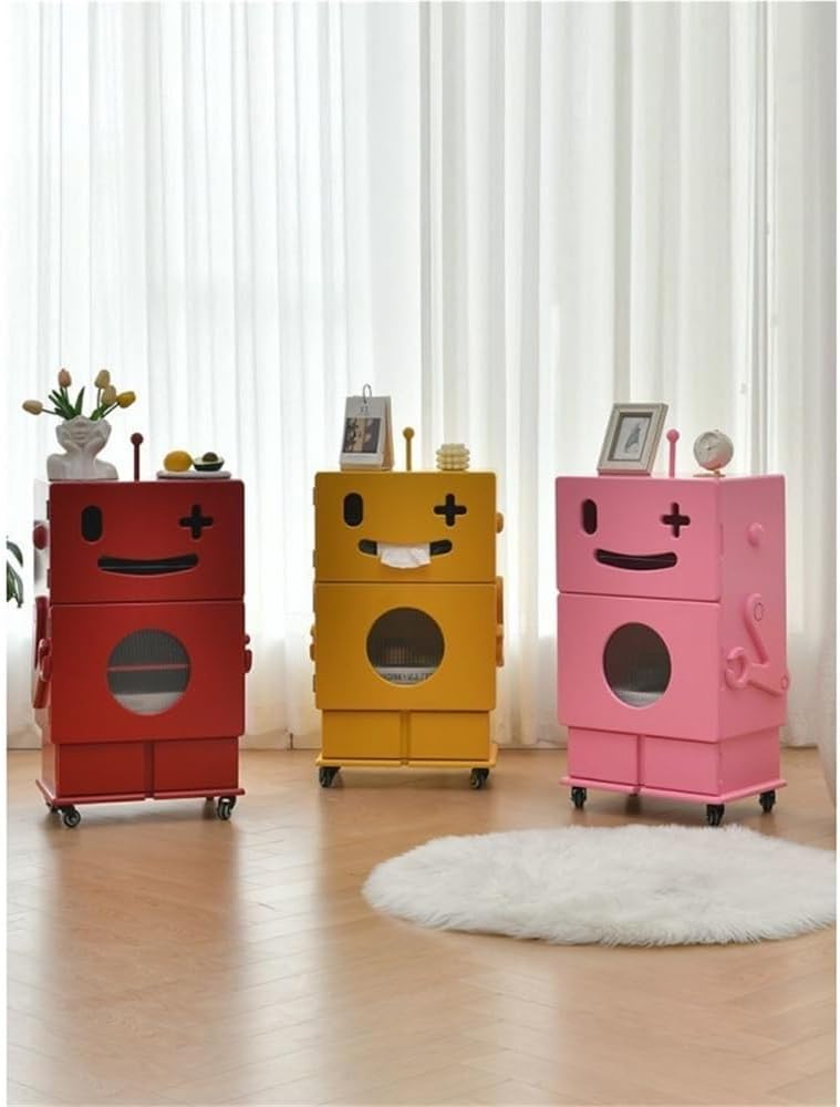 Robot Shaped Storage Cabinet for Bedroom or Living Room, Cute Accent Furniture with 3-Tier Storage, Display Shelf, Creative Special Nightstand or Side Table(Yellow)