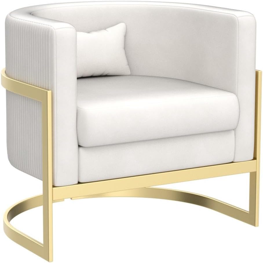 Velvet Accent Chair Ivory Modern Barrel Chair with Gold Legs