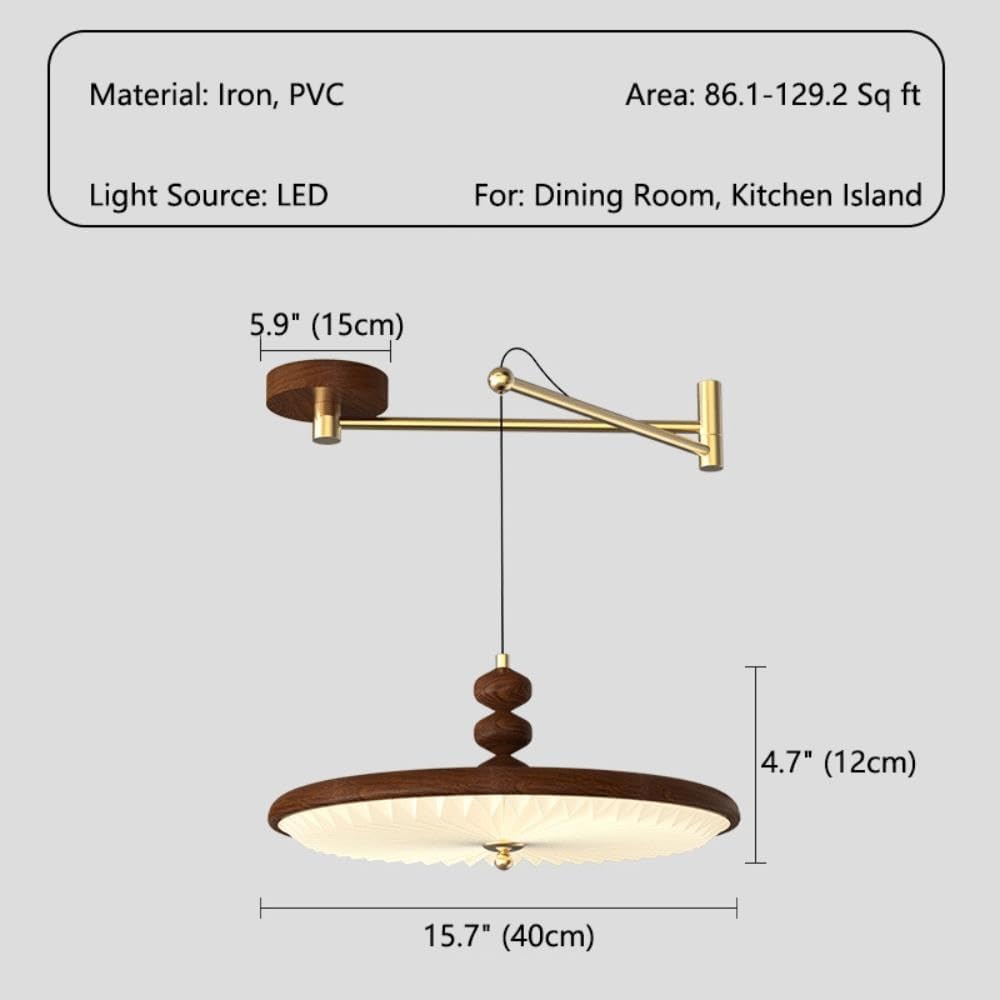 Swing Arm Pendant Light, Walnut Wood Finish Iron Hanging Lamp
