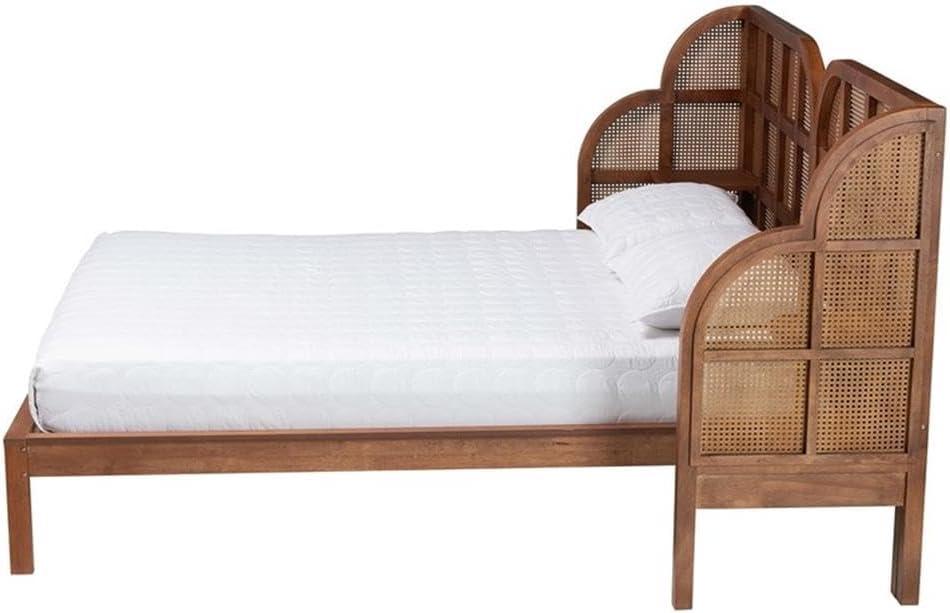 Mid-Century Queen Platform Bed with Rattan Shelf Headboard