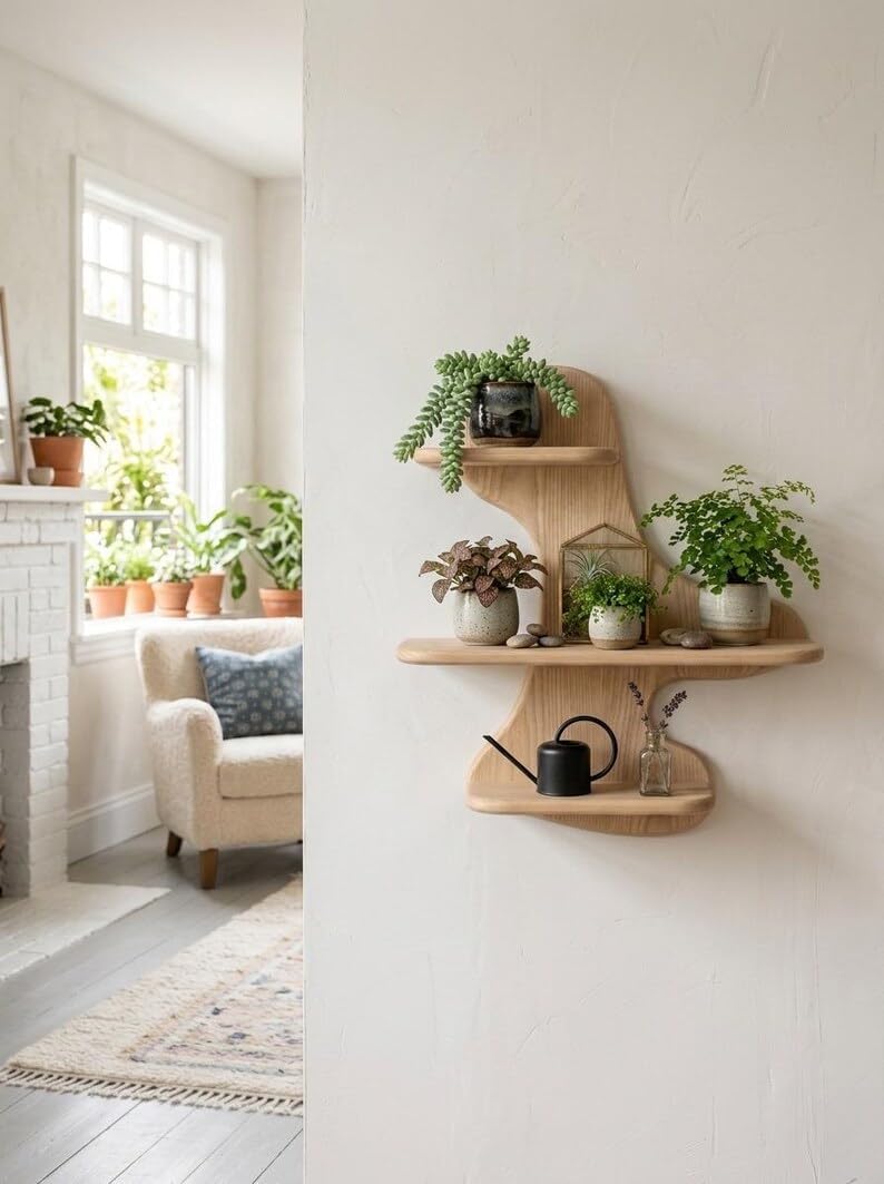Modern Wood Wall Shelf, 3-Tier Irregular Design Floating Shelves, Natural Oak Decor for Living Room Bedroom Office, Decorative Display Shelves