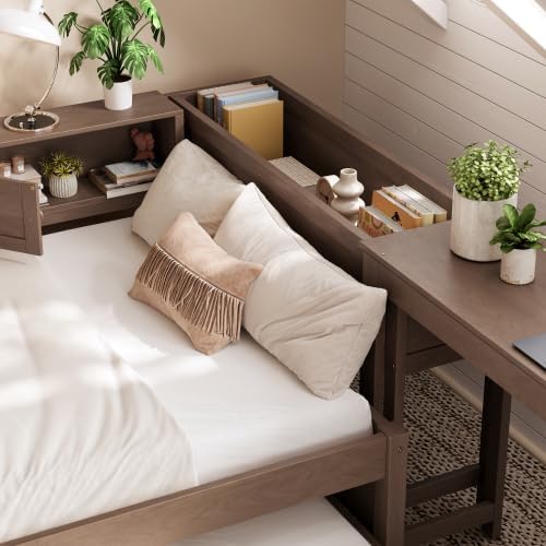 Bellemave Twin Daybed Frame with Desk, Trundle & Drawers Brown