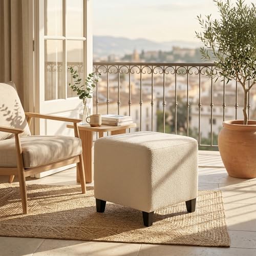 16.3-Inch Cream Linen Cube Ottoman