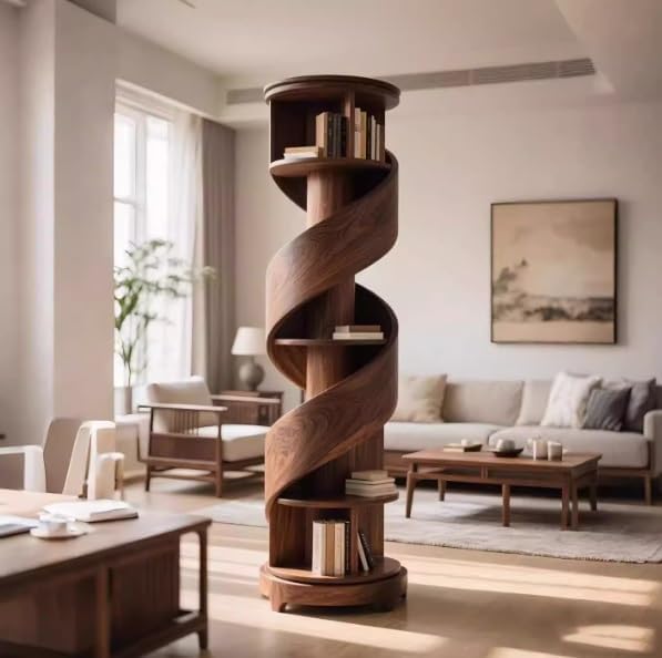 Black Walnut Wood Rotating Bookshelf 360° Spiral Freestanding Display Shelf for Living Room(Black Gold Wood)