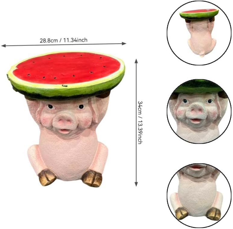 13.4" Cute Pig Side Table w/ Watermelon Top, Resin Plant Stand, Pink+Red