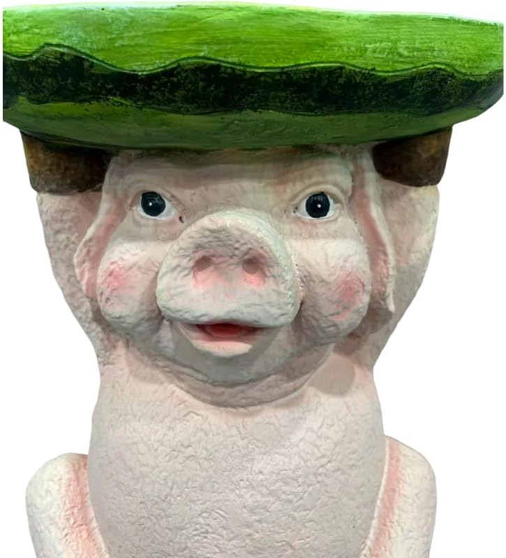 13.4" Cute Pig Side Table w/ Watermelon Top, Resin Plant Stand, Pink+Red