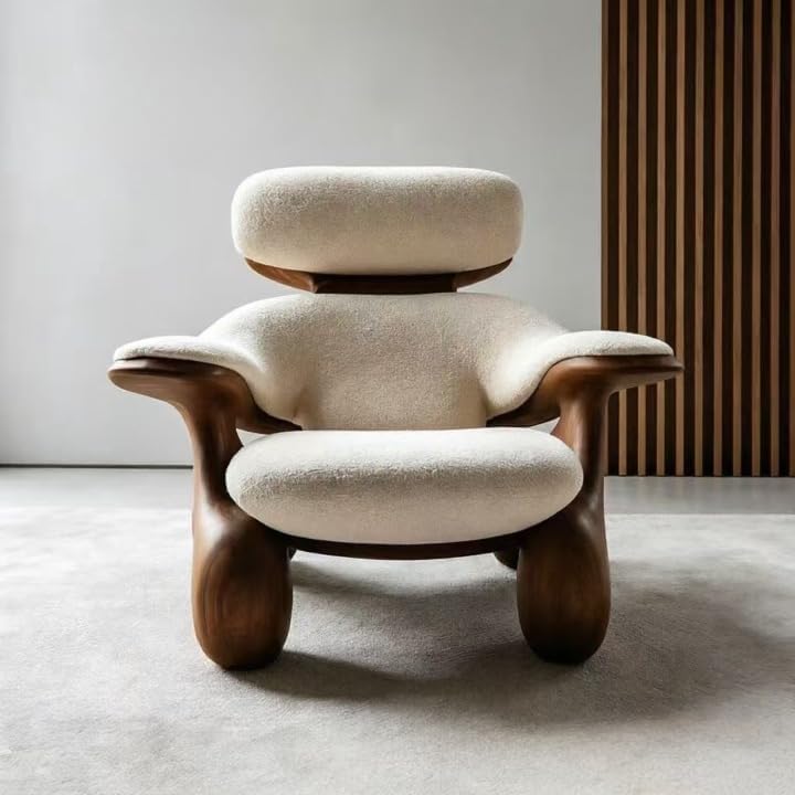 Black Walnut Cat Accent Loveseat with Cream Upholstery, Modern Sculptural Wood Sofa for Living Room, Bedroom, Reading Nook and Apartment