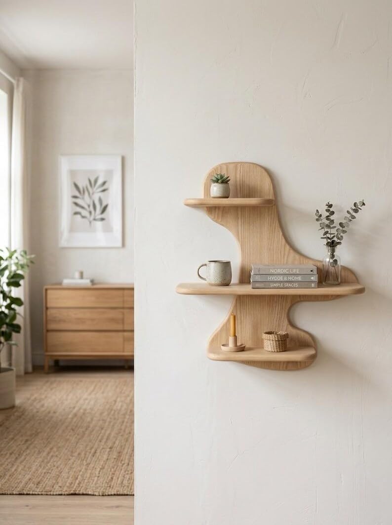 Modern Wood Wall Shelf, 3-Tier Irregular Design Floating Shelves, Natural Oak Decor for Living Room Bedroom Office, Decorative Display Shelves