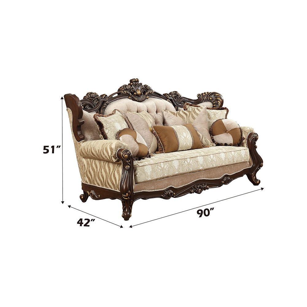 Shalisa Fabric & Walnut Sofa with Seven Pillows