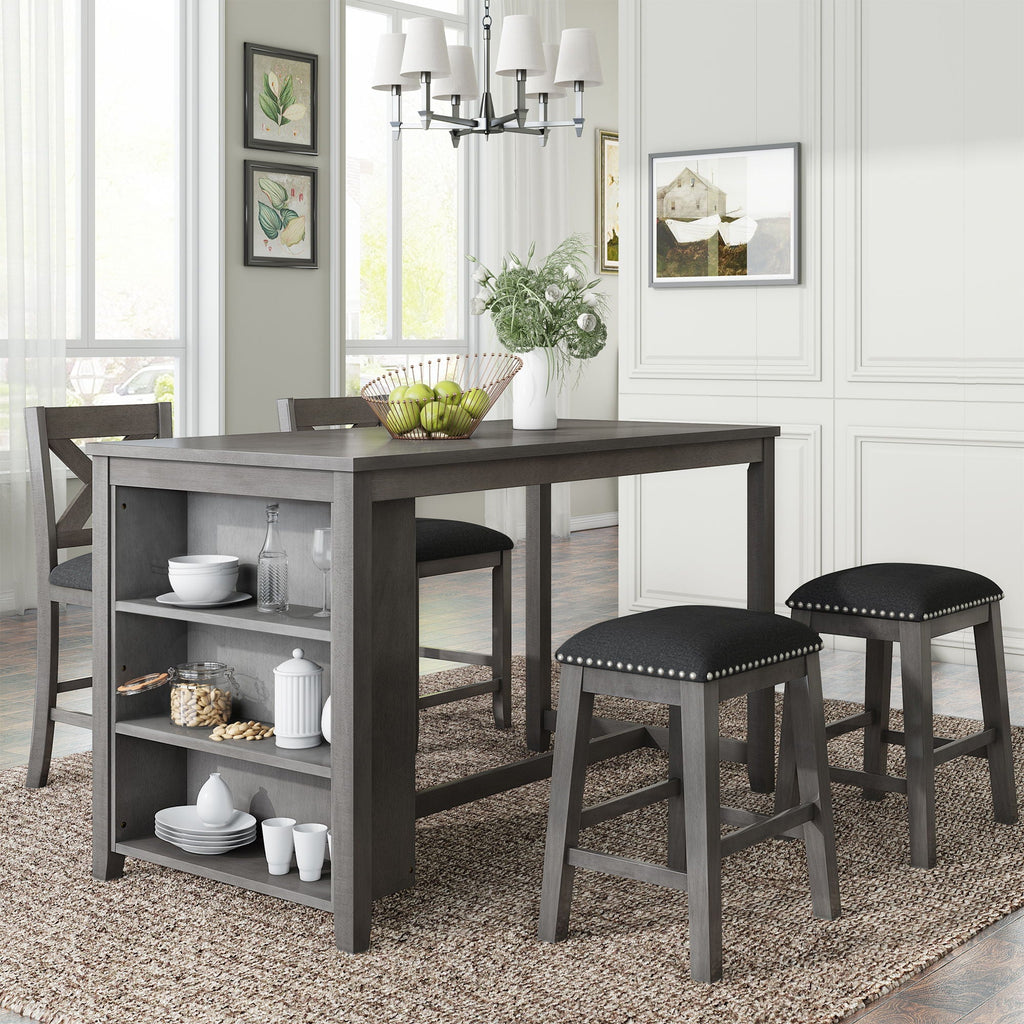 5 Pieces Counter Height Rustic Farmhouse Dining Room Wooden Bar Table Set With 2