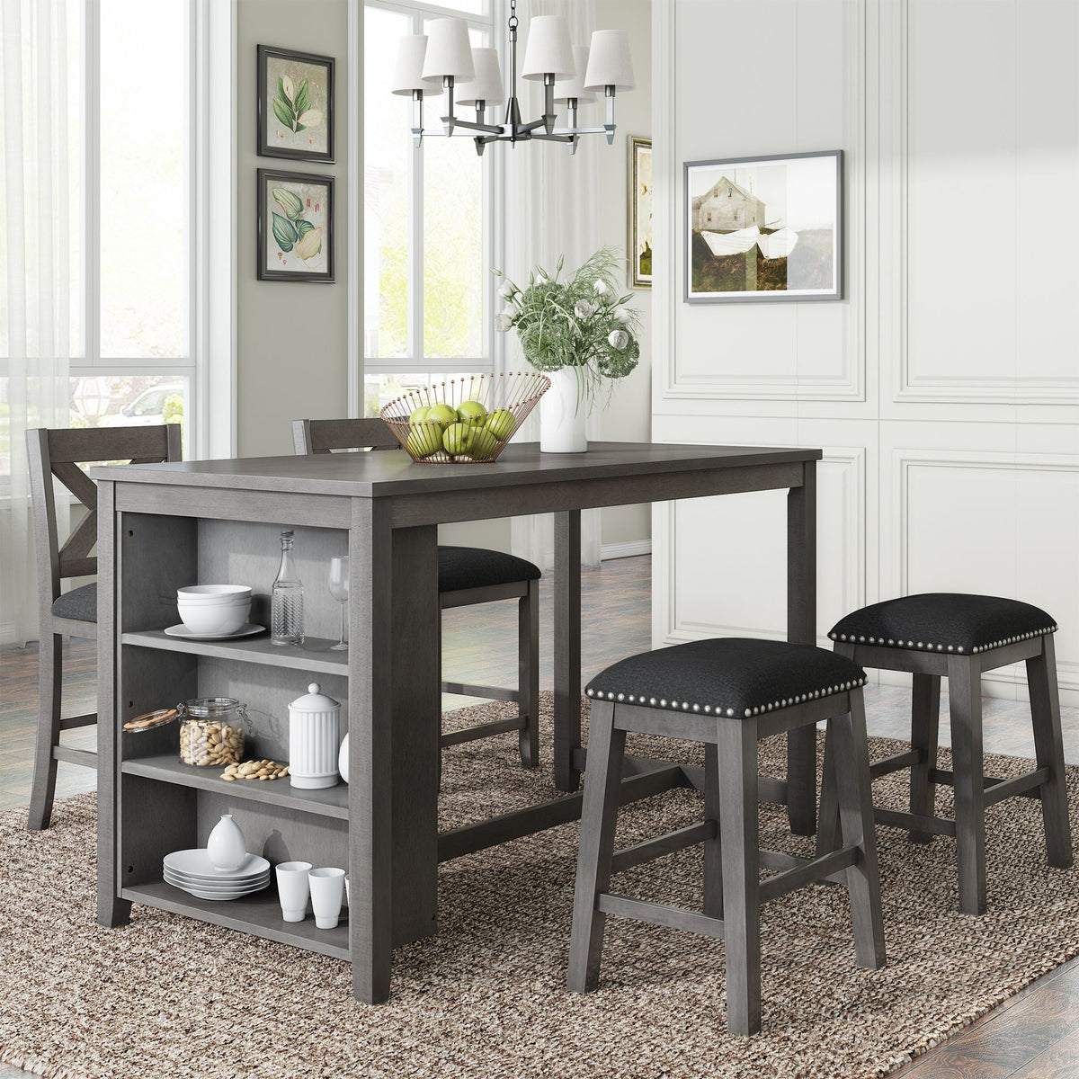 5 Pieces Counter Height Rustic Farmhouse Dining Room Wooden Bar Table Set With 2