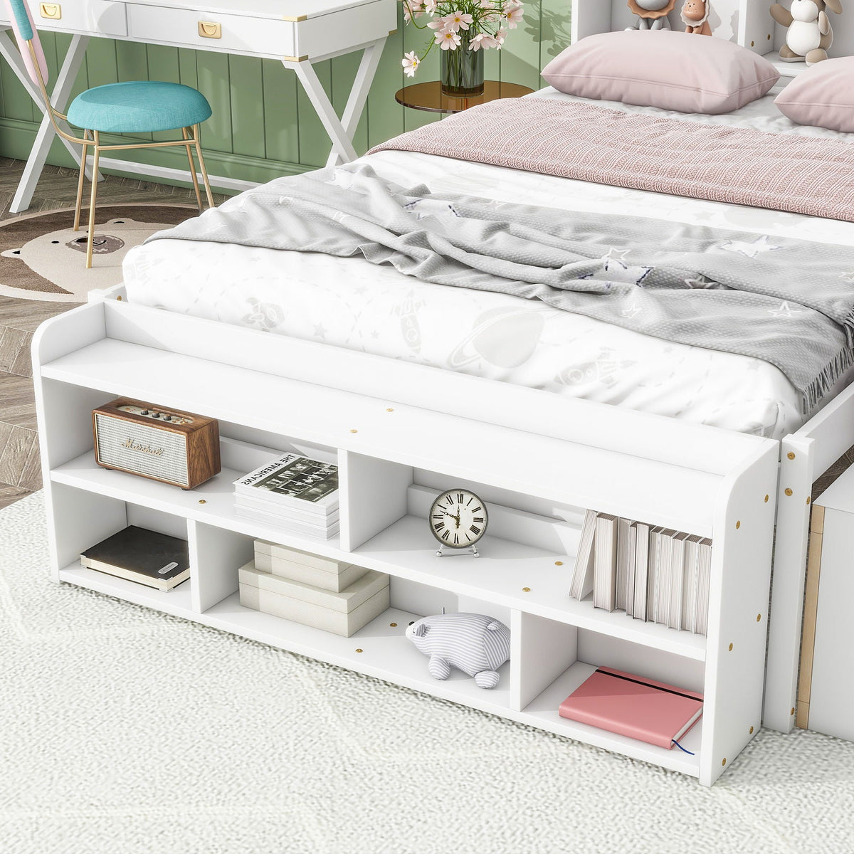 Storage Bed with Bookcase Headboard & Drawers
