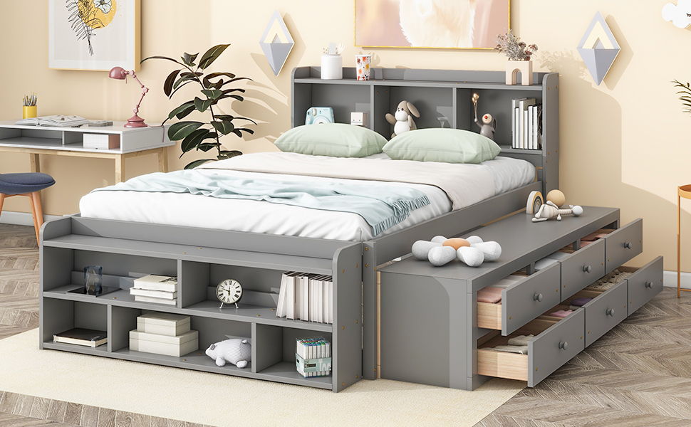 Storage Bed with Bookcase Headboard & Drawers