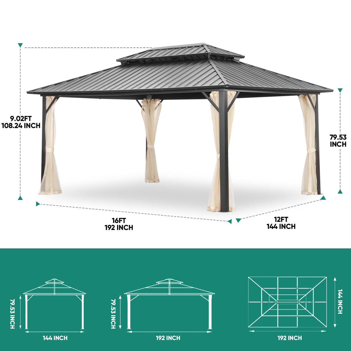 12*16Ft Patio Gabezo Outdoor Canopy with Mosquito with 2200lbs weight capacity of