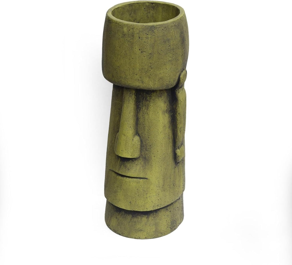 24 Inch Statue Planter, Antique Green Easter Island Head Urn with Weather-Resistant Magnesium Oxide, Decorative Face Planter for Indoor Outdoor Garden Patio Yard Decor
