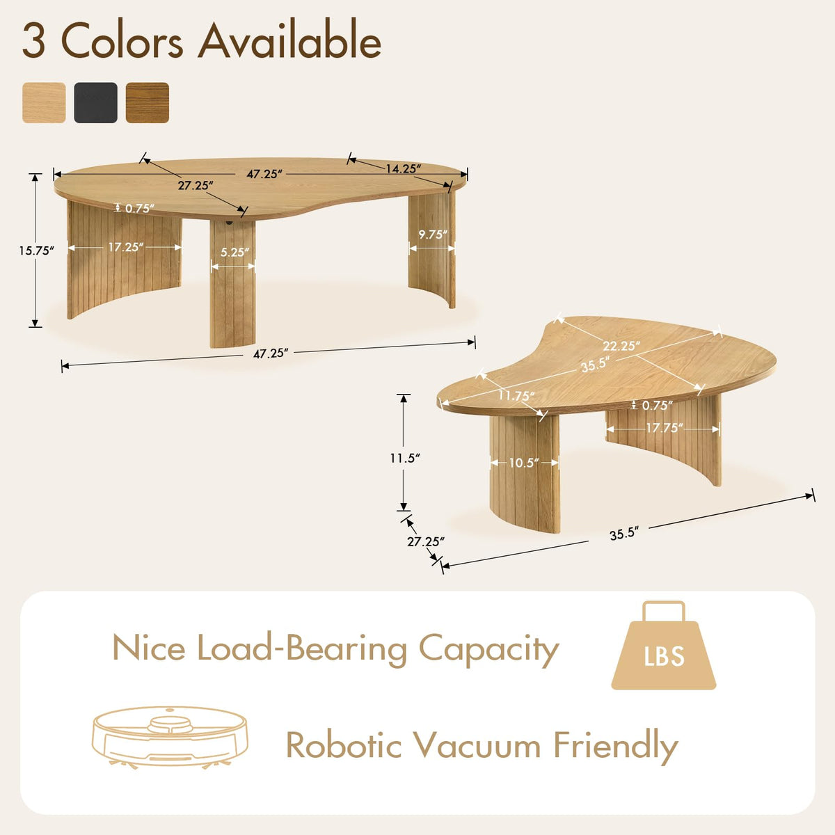 Irregular Nesting Coffee Table Set with Fluted Wood Legs