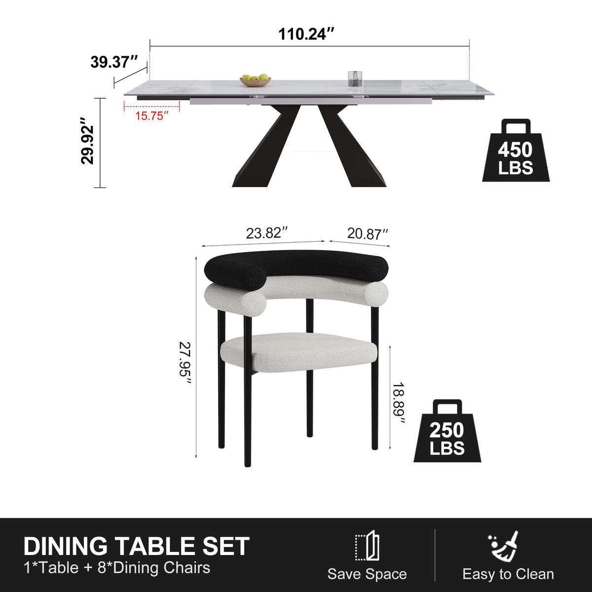9 Piece Marble Expandable Table Set with 8 Comfy Dining Chairs