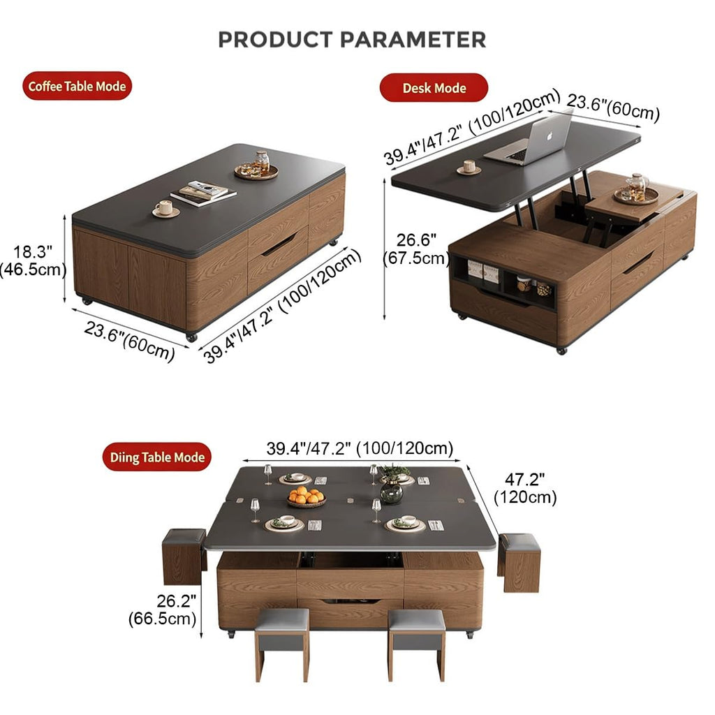 3‑in‑1 Lift‑Top Coffee‑Table with Storage Drawers & Rolling Casters