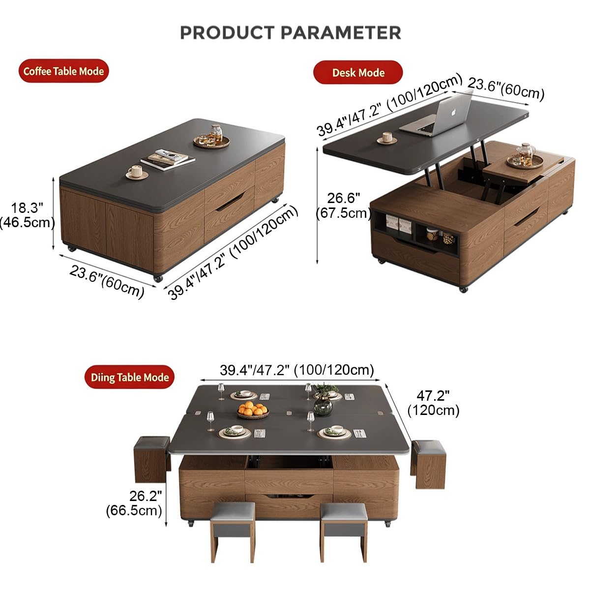 3‑in‑1 Lift‑Top Coffee‑Table with Storage Drawers & Rolling Casters