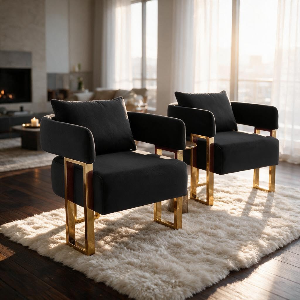 Upholstered Barrel Accent Chairs with Gold Legs – Set of 2