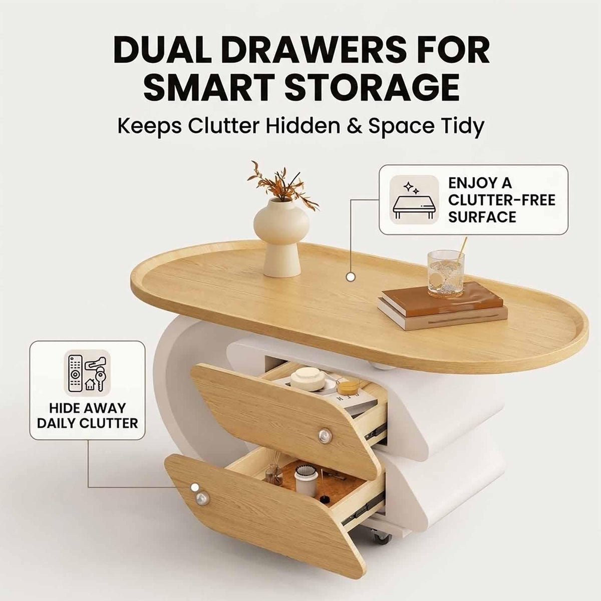 Rolling Wood-Top Storage Side Table