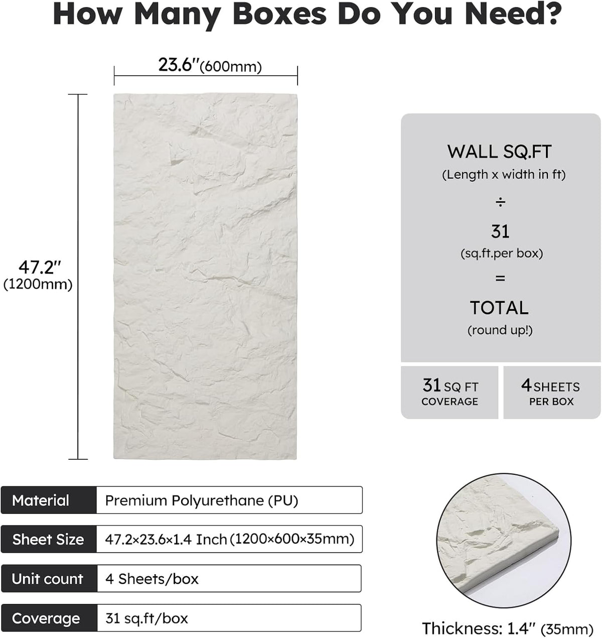 Diflart 3D Faux Stone PU Wall Panels for Interior Decor, White, 4 PCS