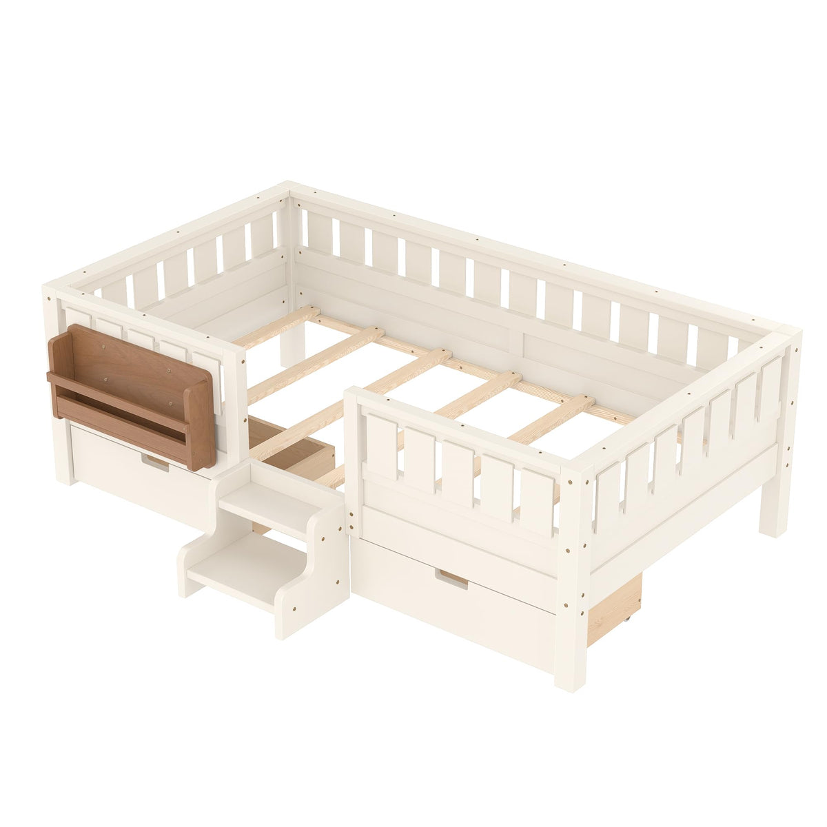 Montessori Bed with Stairs, Bookshelf & Storage Drawers