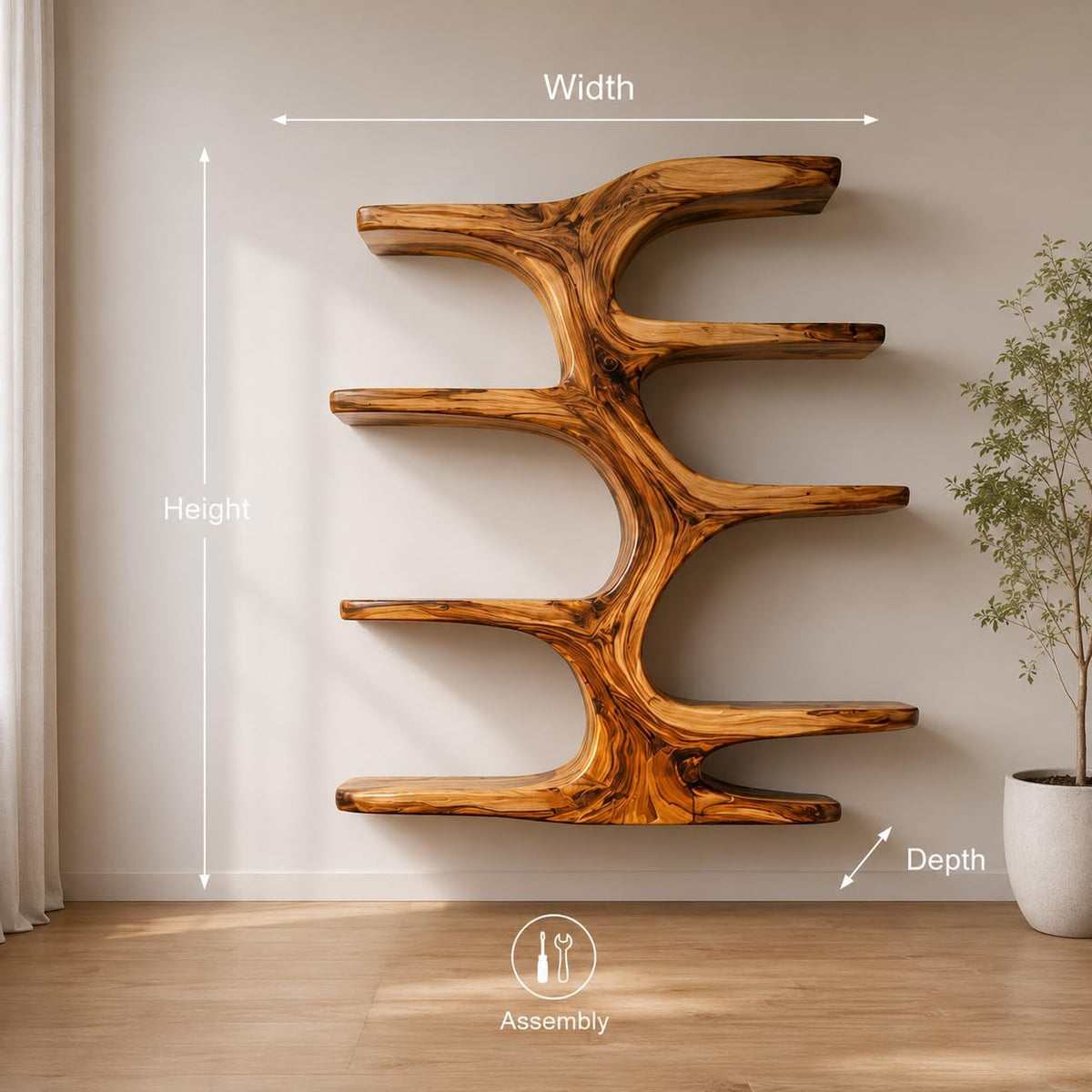 Contemporary Wooden Tree Bookcase, Wall Mounted Branch Display Shelf with 8" D Open Storage for Living Room, Office & Plant Decor (Option 3)