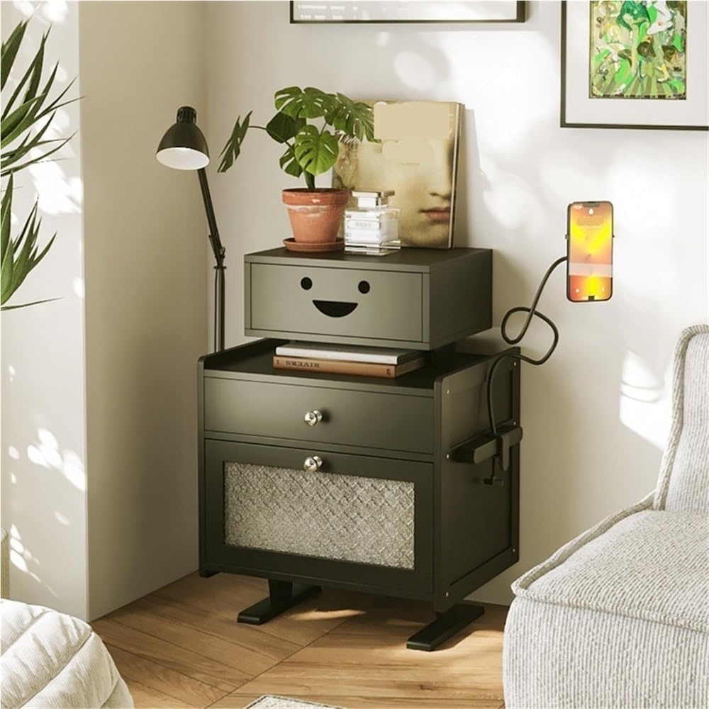 Solid Bamboo Robot Nightstand with 360° Rotating Drawer, Modern End Table for Bedroom or Living Room, Small Accent Table with Storage, Modern Accent Furniture for Home Décor(Black)