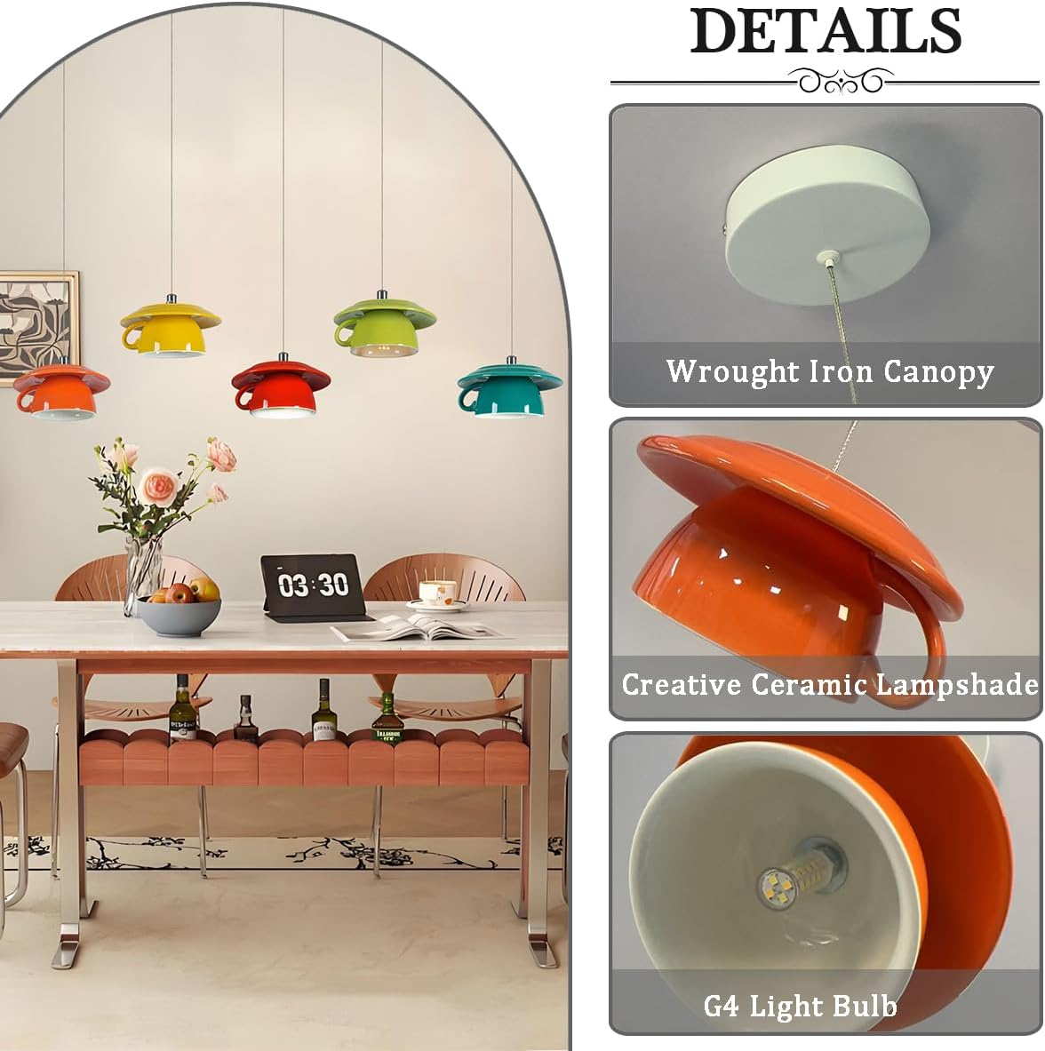 Pendant Light Fixtures Ceramic Coffee Cup Shape Lampshade Pendant Lighting for Kitchen Island 5.7in Modern Ceiling Hanging Lights Nordic Island Light for Counter, Bar, Hallway
