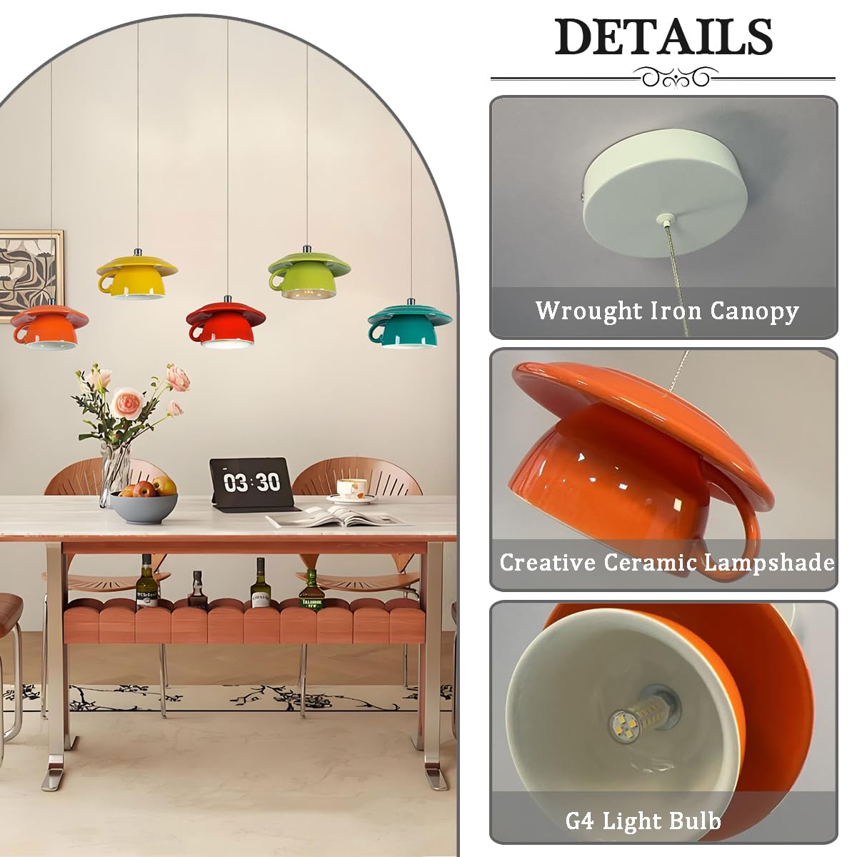 Pendant Light Fixtures Ceramic Coffee Cup Shape Lampshade Pendant Lighting for Kitchen Island 5.7in Modern Ceiling Hanging Lights Nordic Island Light for Counter, Bar, Hallway