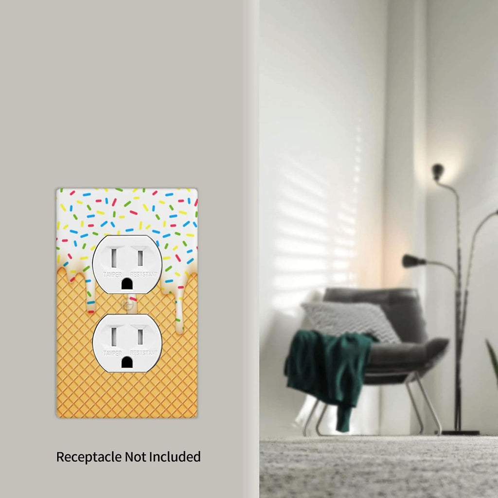 Cartoon Ice Cream Cone With Dripping White Glaze And Wafer Decor Print Light Switch Plate Cover Plastic Wall Plates (Single Gang Electrical Switch Duplex Outlet Cover)