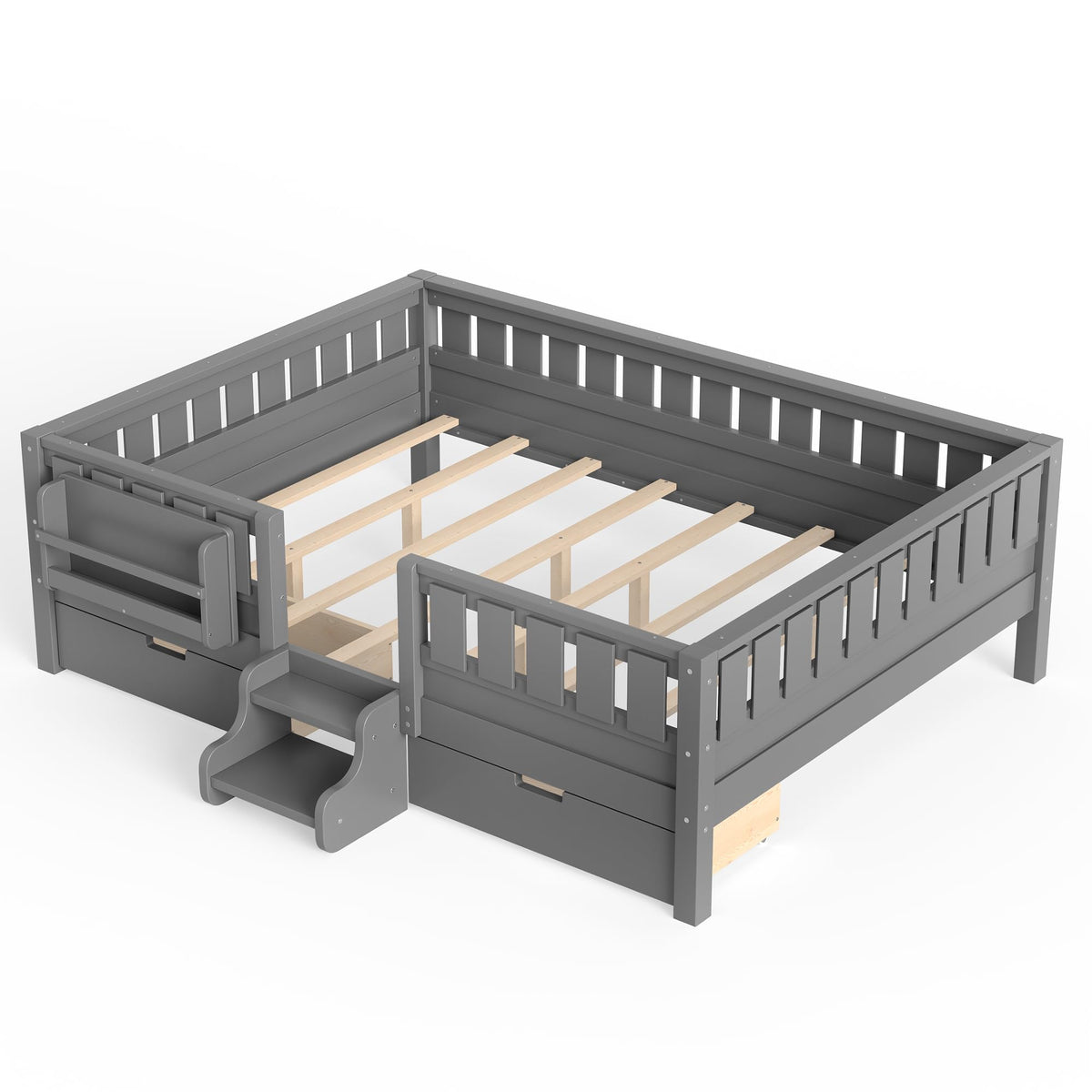 Montessori Bed with Stairs, Bookshelf & Storage Drawers