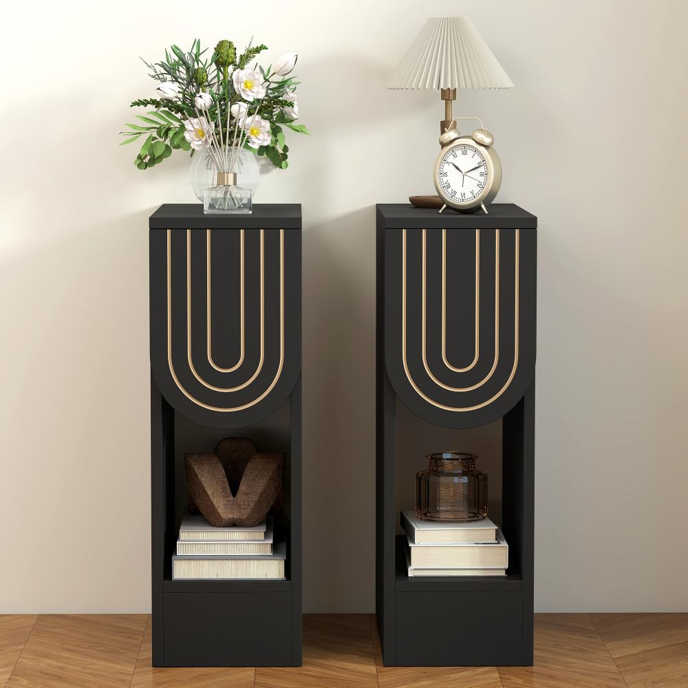 Narrow Carved Wood Nightstands, Set of Two