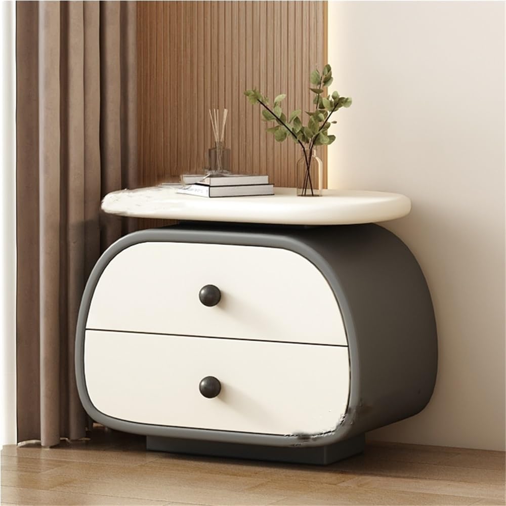 Leather Oval Bedside Table, Night Stand with 2 Drawers, Solid Wood Sofa Table, Small Storage Cabinet for Bedroom, Living Room(Green)