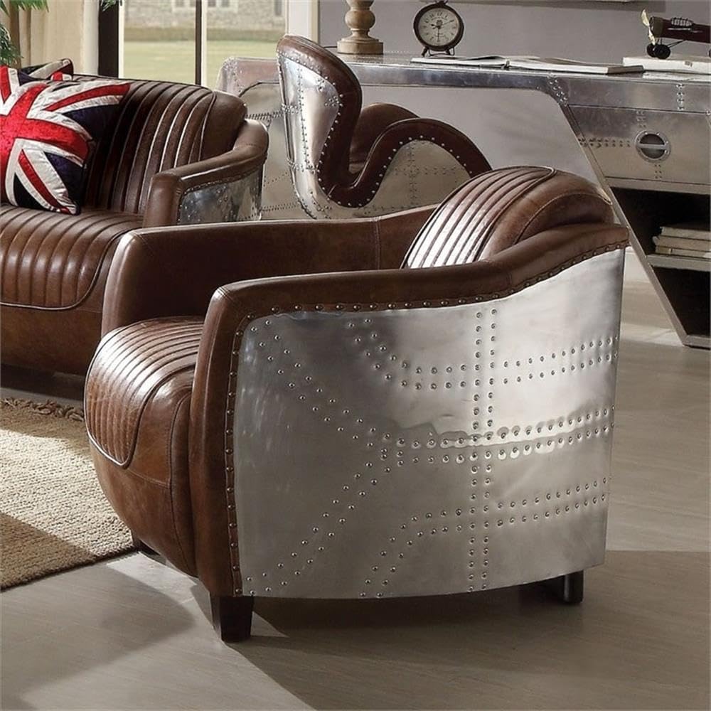 Pemberly Row 2 Piece Top Grain Leather and Aluminum Chair Set in Retro Brown