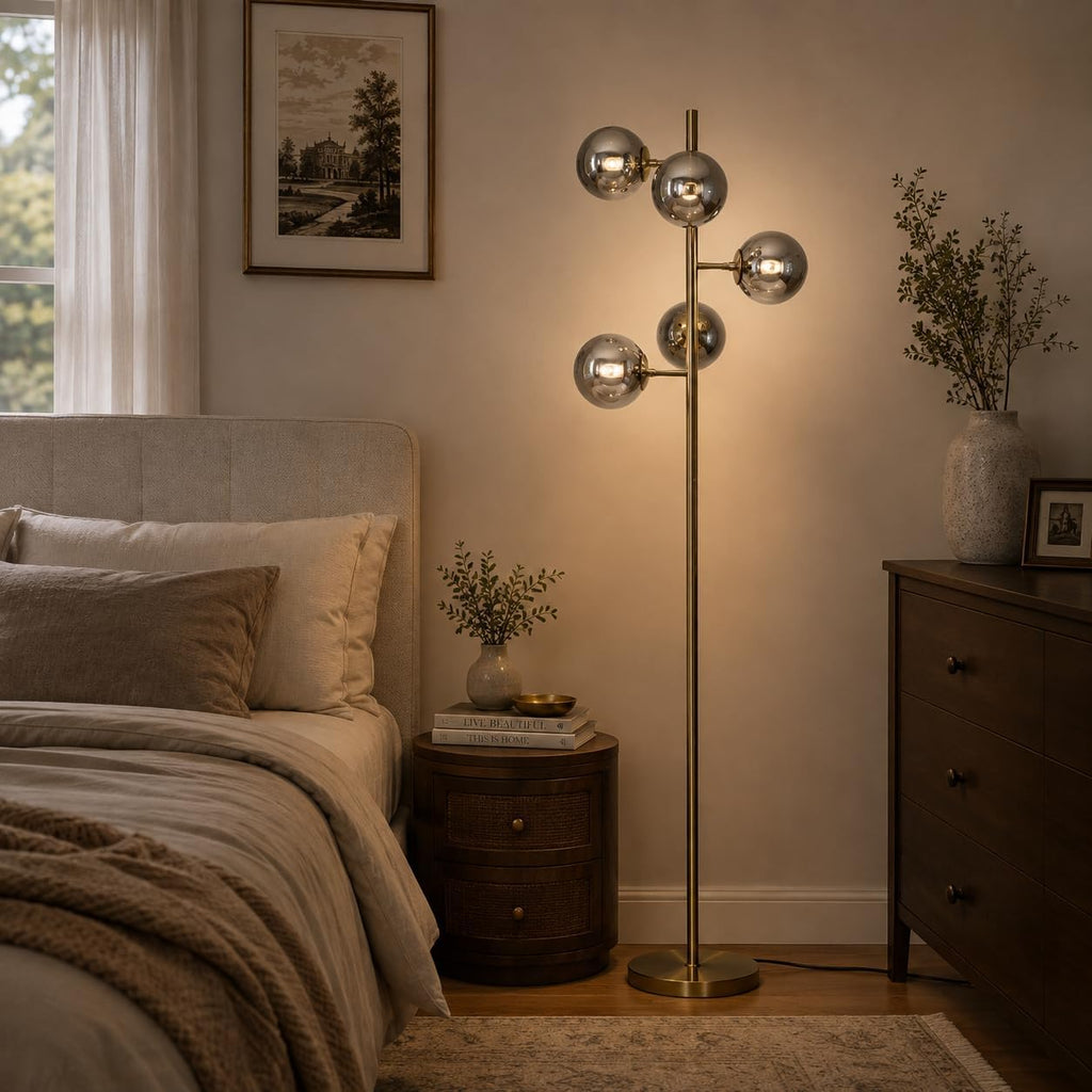 BOKT Gold 5-Light 67'' Tall Floor Lamp Smoked Glass Globes Standing Lamp