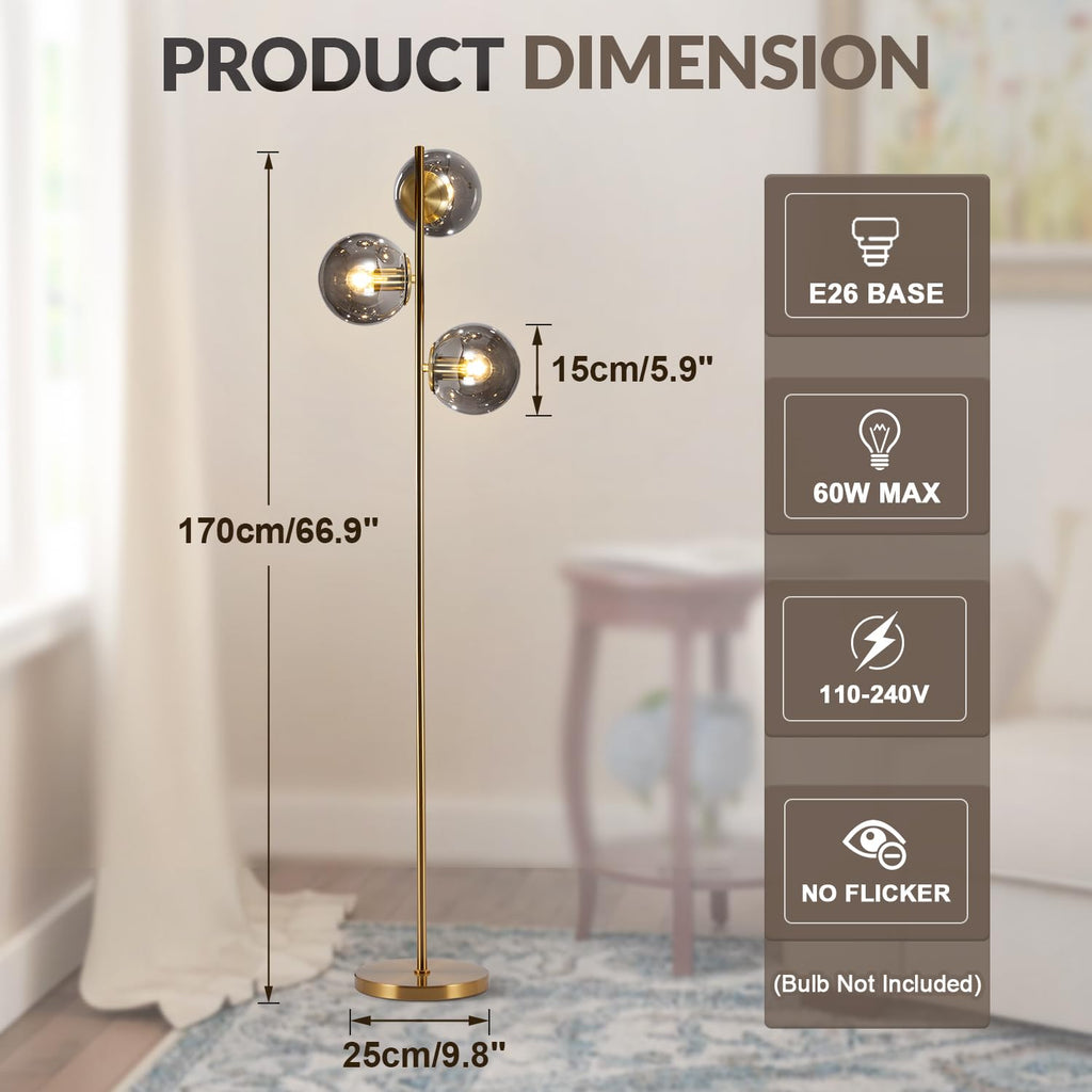 BOKT Gold 5-Light 67'' Tall Floor Lamp Smoked Glass Globes Standing Lamp