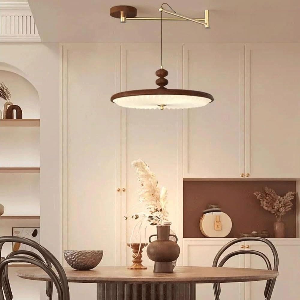 Swing Arm Pendant Light, Walnut Wood Finish Iron Hanging Lamp