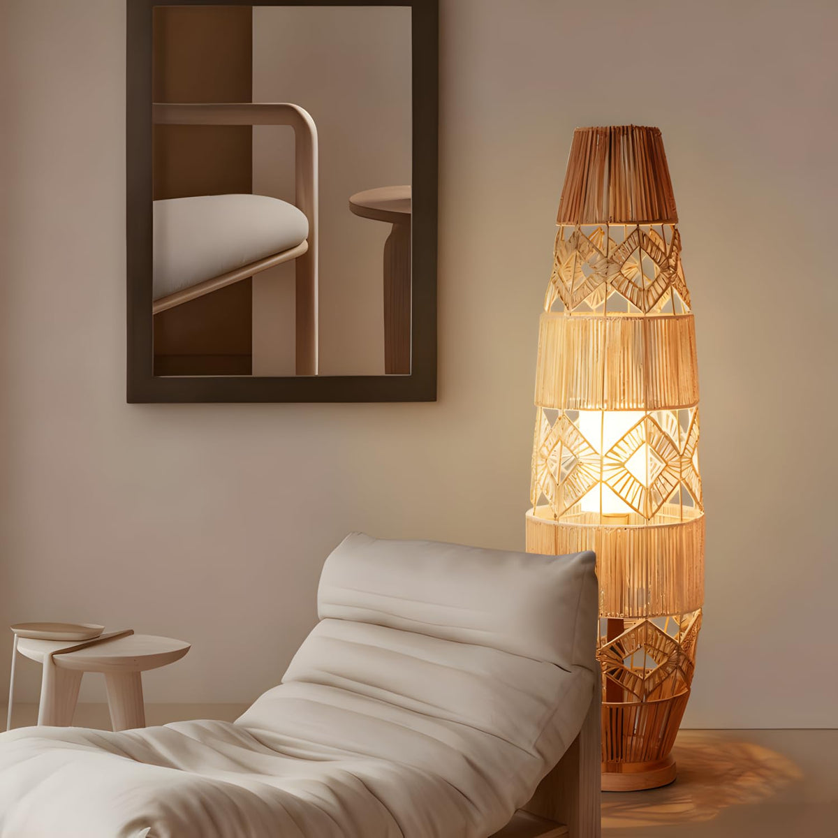34.64" Mid Century Boho Farmhouse Wood Floor Lamp with Bamboo Shade