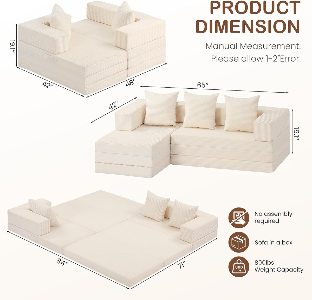 65" Beige L-Shaped Corduroy Sectional Sofa