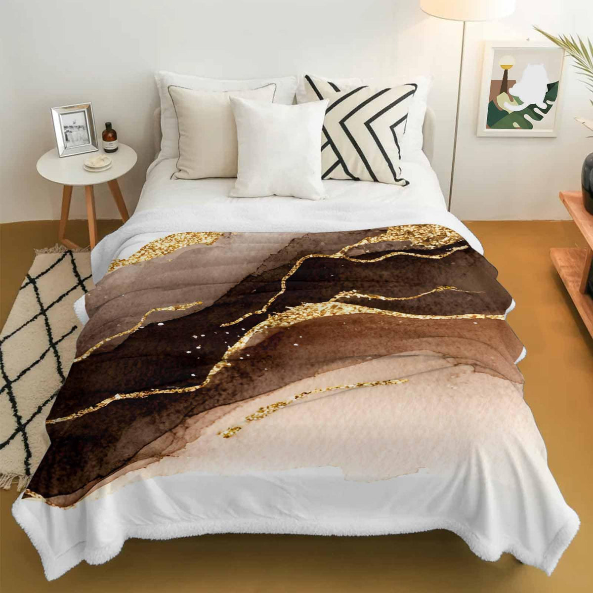 Brown & Gold Marble Sherpa Fleece Throw Blanket
