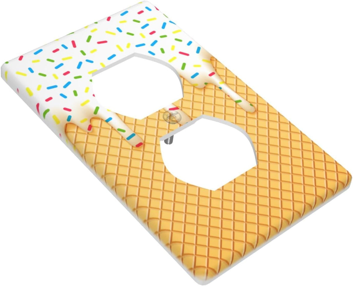Cartoon Ice Cream Cone With Dripping White Glaze And Wafer Decor Print Light Switch Plate Cover Plastic Wall Plates (Single Gang Electrical Switch Duplex Outlet Cover)